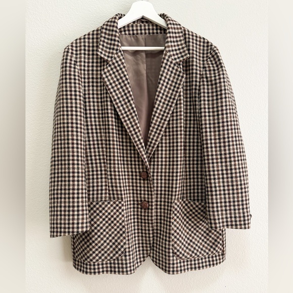 EUC LittleWoods wool blend checked plaid oversized academia blazer in brown/tan. - Picture 2 of 6